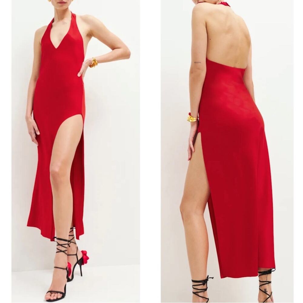 REFORMATION Meral Halterneck Open Back Satin Cherry Red Midi Dress Size XL